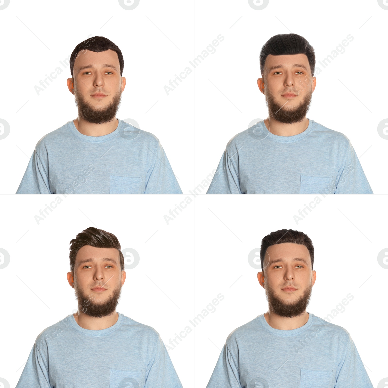 Man with different hairstyles on white background, collage of portraits Image of Man with different hairstyles on white background, collage of portraits