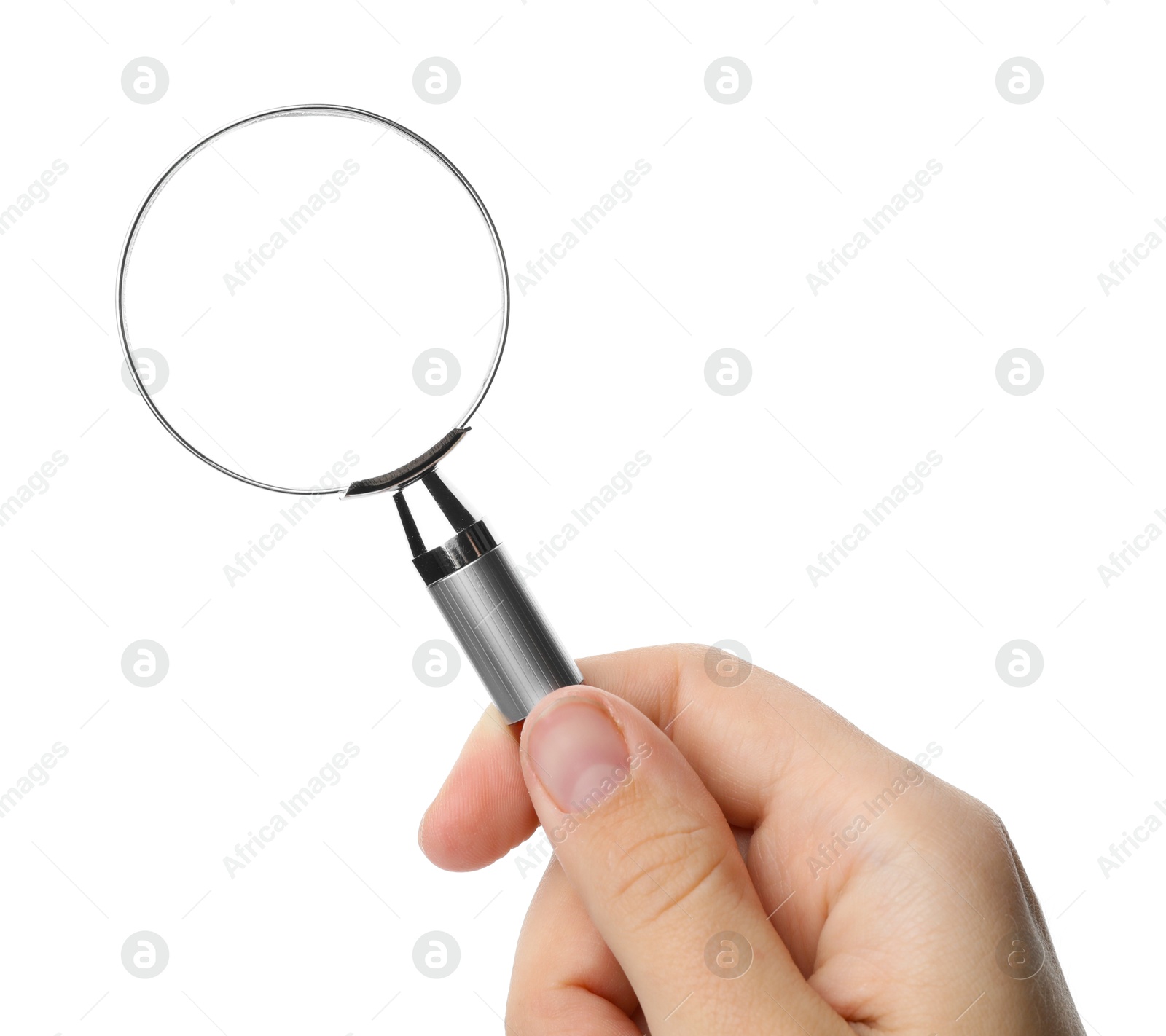 Photo of Woman holding magnifying glass on white background, closeup
