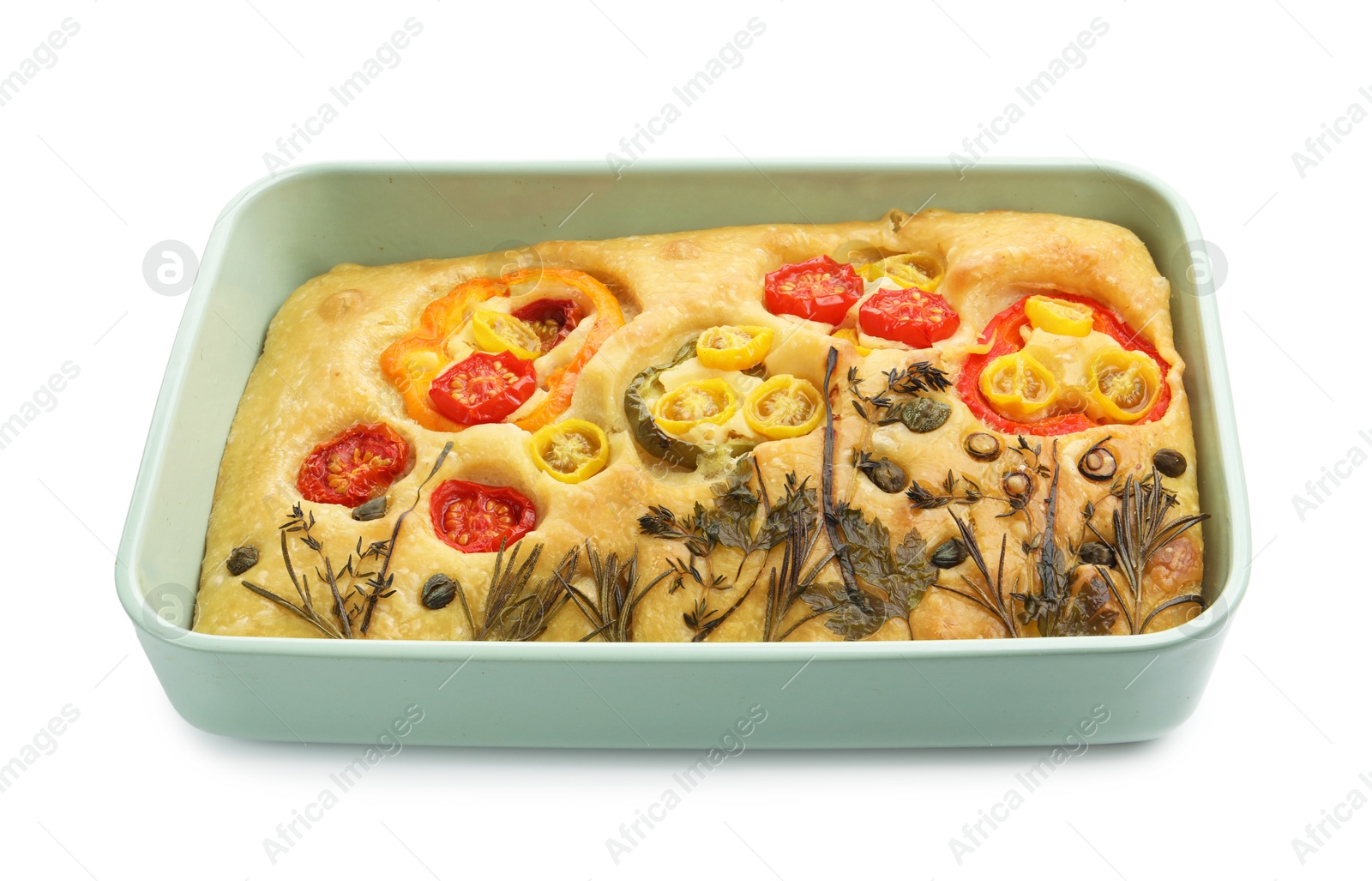 Delicious focaccia with flowers made of vegetables isolated on white Photo of Delicious focaccia with flowers made of vegetables isolated on white