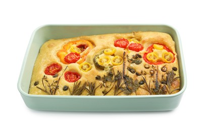 Photo of Delicious focaccia with flowers made of vegetables isolated on white