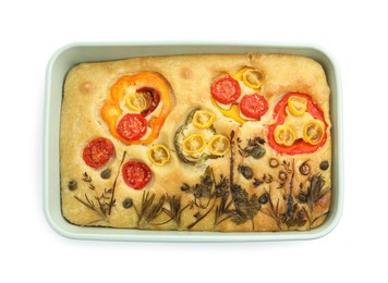 Photo of Delicious focaccia with flowers made of vegetables isolated on white, top view