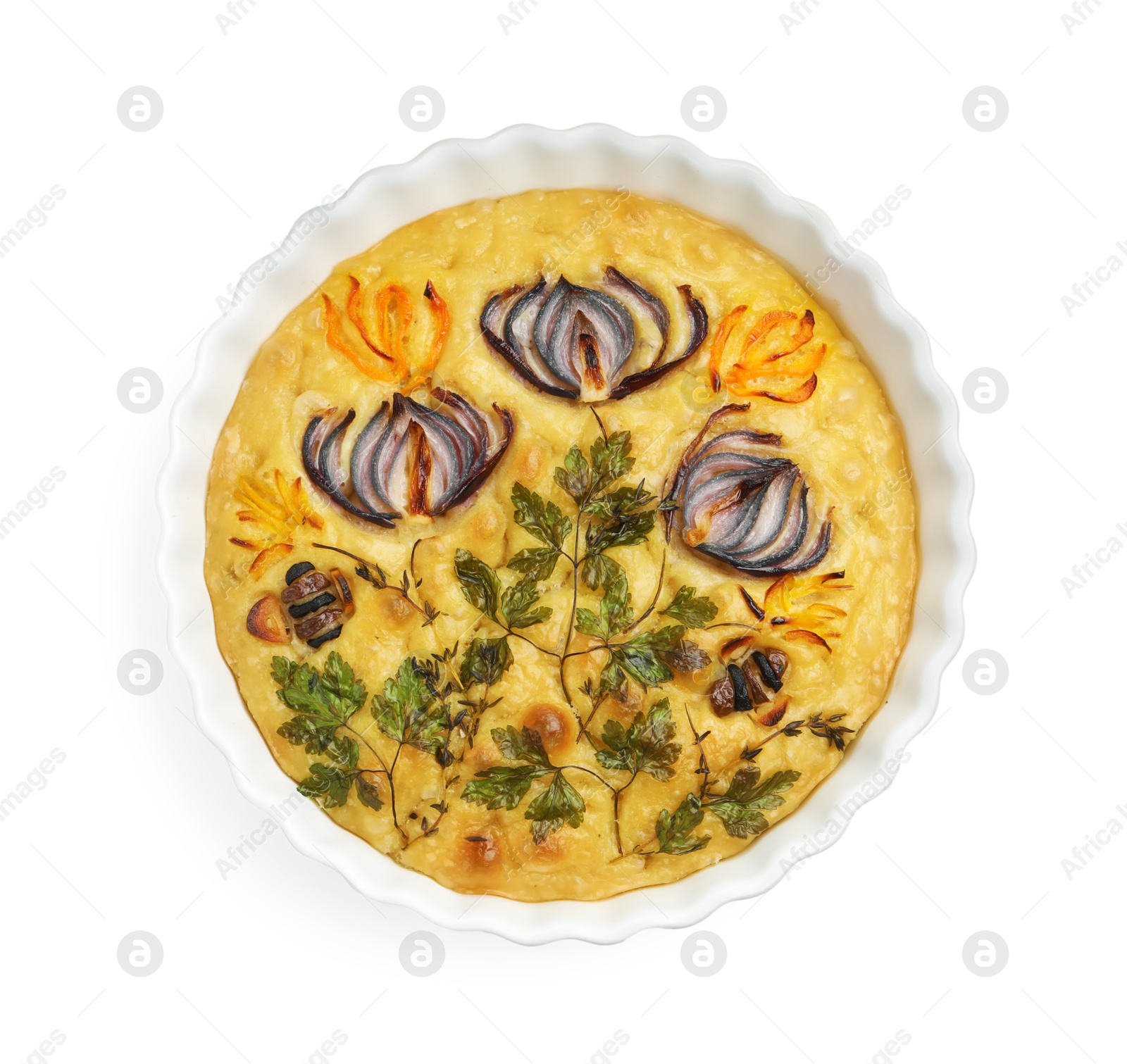 Delicious focaccia with flowers made of vegetables isolated on white, top view Photo of Delicious focaccia with flowers made of vegetables isolated on white, top view