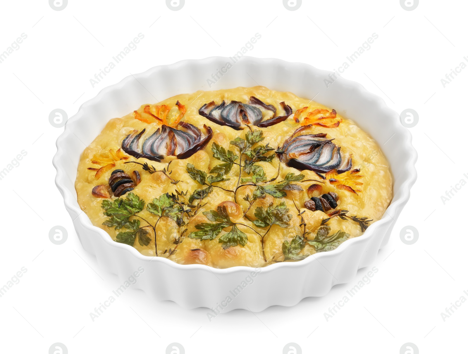Delicious focaccia with flowers made of vegetables isolated on white Photo of Delicious focaccia with flowers made of vegetables isolated on white
