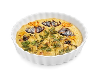 Photo of Delicious focaccia with flowers made of vegetables isolated on white