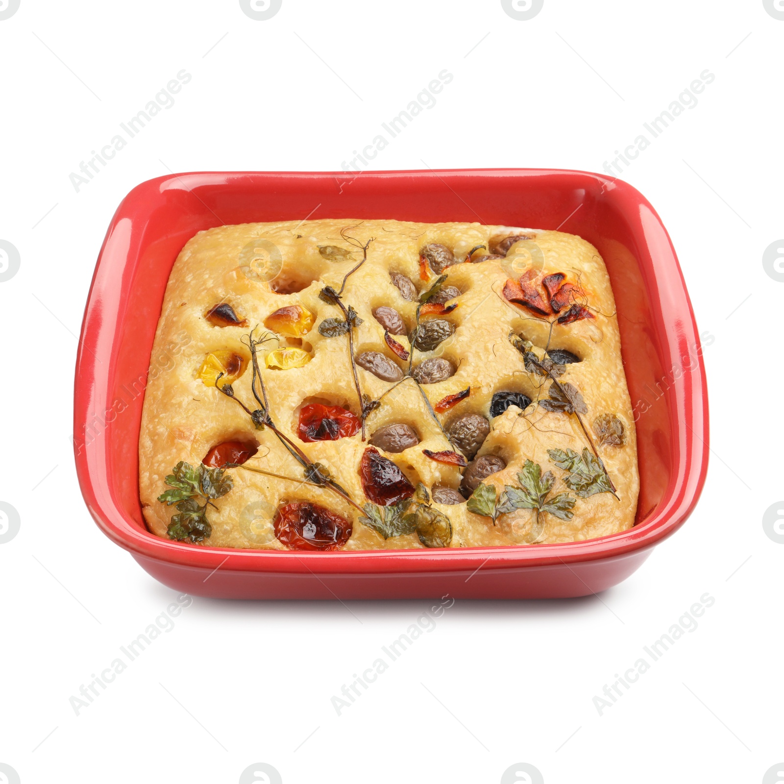 Delicious focaccia with flowers made of vegetables isolated on white Photo of Delicious focaccia with flowers made of vegetables isolated on white
