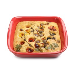 Photo of Delicious focaccia with flowers made of vegetables isolated on white