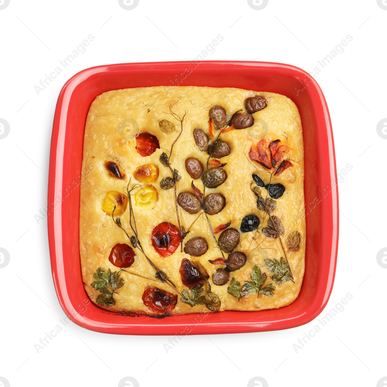 Delicious focaccia with flowers made of vegetables isolated on white, top view Photo of Delicious focaccia with flowers made of vegetables isolated on white, top view