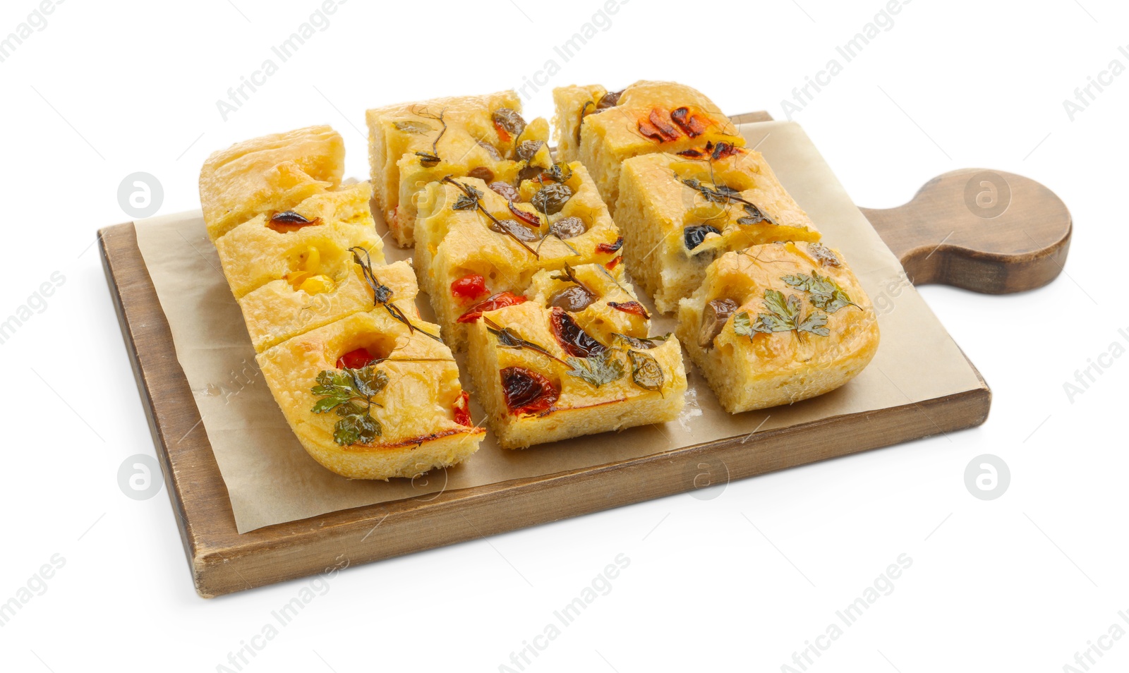 Cut delicious focaccia with flowers made of vegetables isolated on white Photo of Cut delicious focaccia with flowers made of vegetables isolated on white