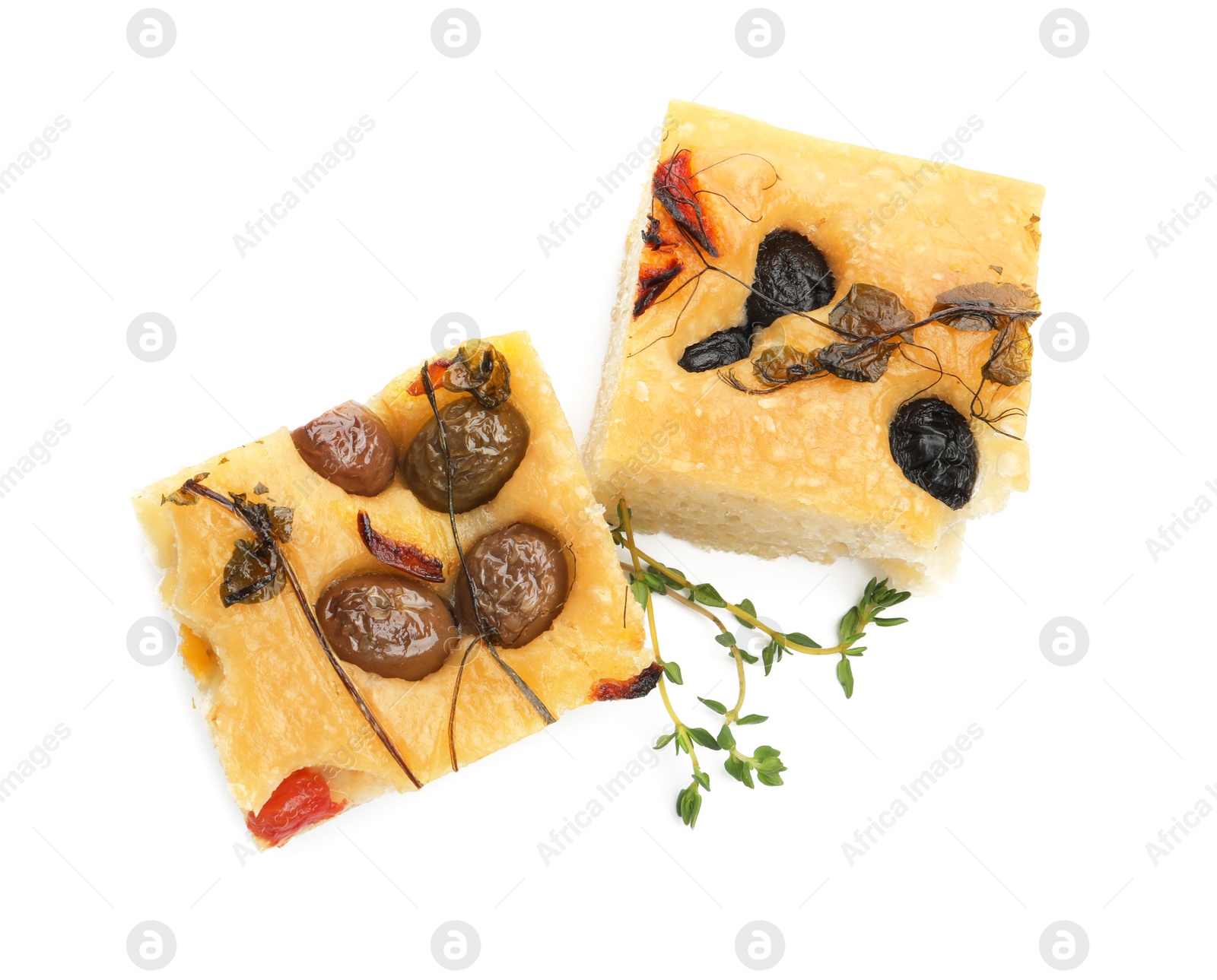 Pieces of delicious focaccia isolated on white, top view Photo of Pieces of delicious focaccia isolated on white, top view