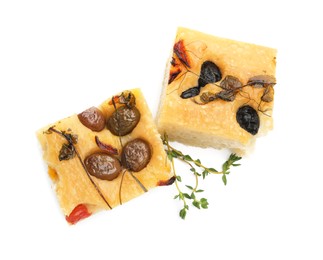 Photo of Pieces of delicious focaccia isolated on white, top view