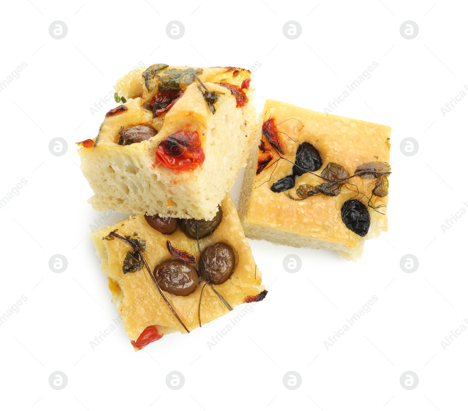 Pieces of delicious focaccia isolated on white, top view Photo of Pieces of delicious focaccia isolated on white, top view
