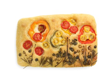 Photo of Delicious focaccia with flowers made of vegetables isolated on white, top view