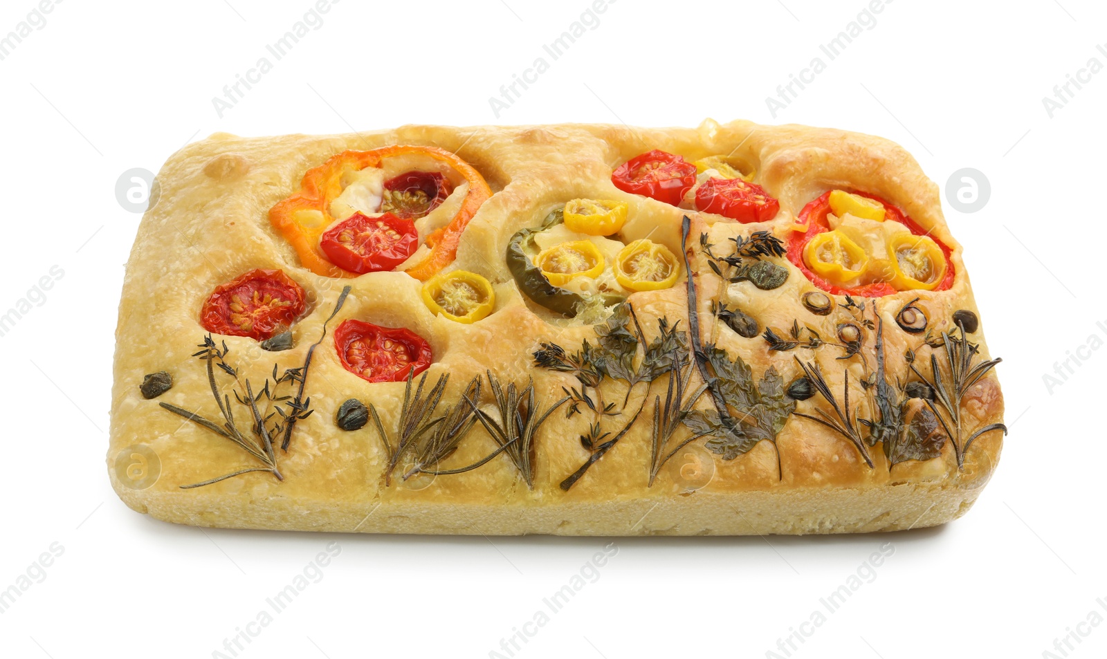 Delicious focaccia with flowers made of vegetables isolated on white Photo of Delicious focaccia with flowers made of vegetables isolated on white