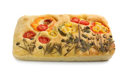 Photo of Delicious focaccia with flowers made of vegetables isolated on white