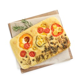 Photo of Delicious focaccia with flowers made of vegetables isolated on white, top view