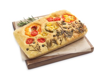 Photo of Delicious focaccia with flowers made of vegetables isolated on white