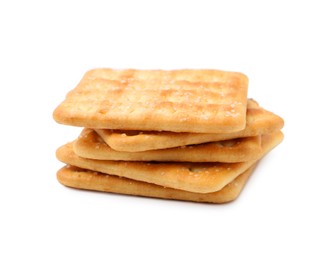 Photo of Stack of tasty salty crackers isolated on white