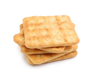 Photo of Stack of tasty salty crackers isolated on white
