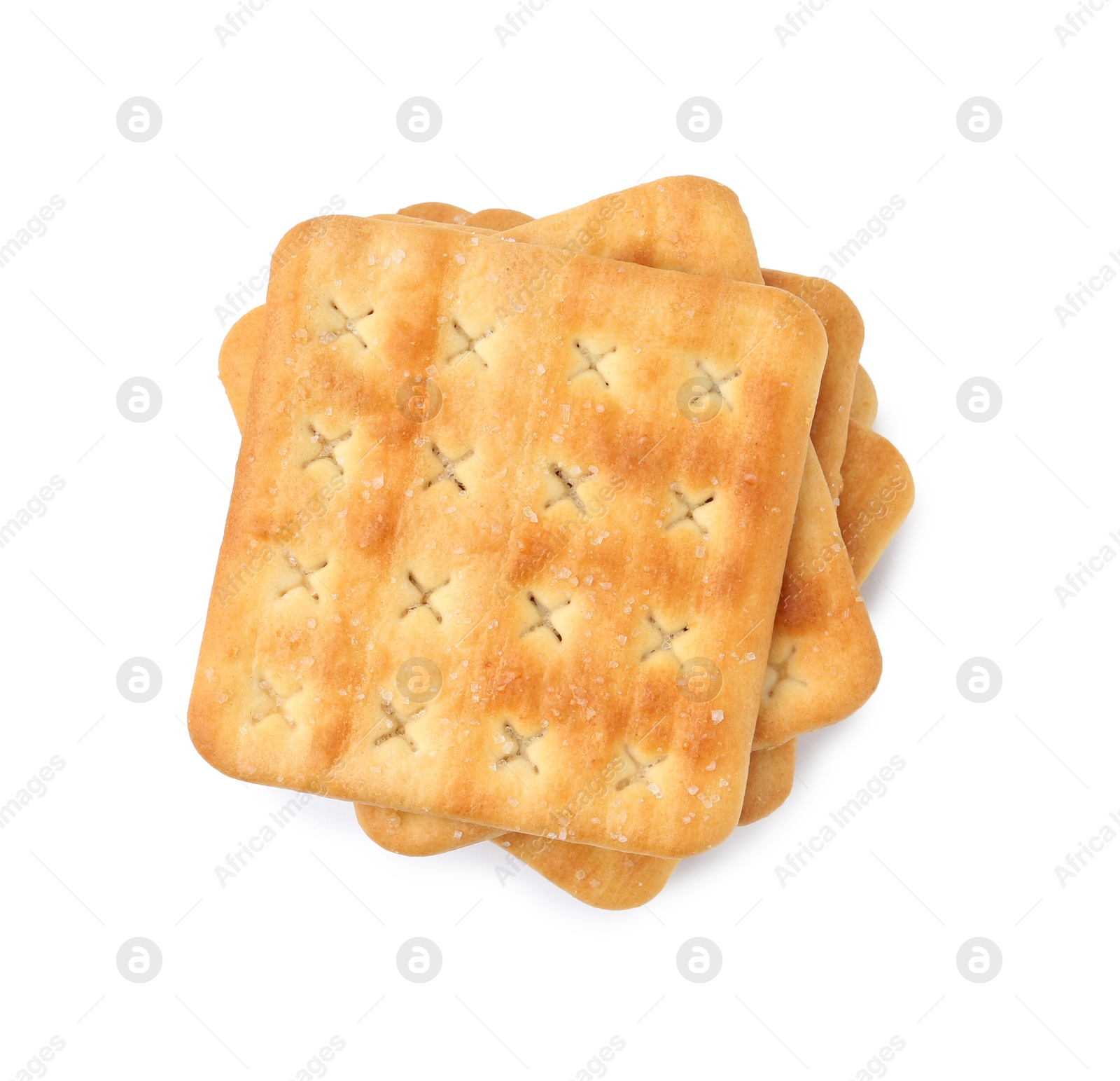 Stack of tasty salty crackers isolated on white, top view Photo of Stack of tasty salty crackers isolated on white, top view