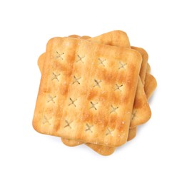 Photo of Stack of tasty salty crackers isolated on white, top view