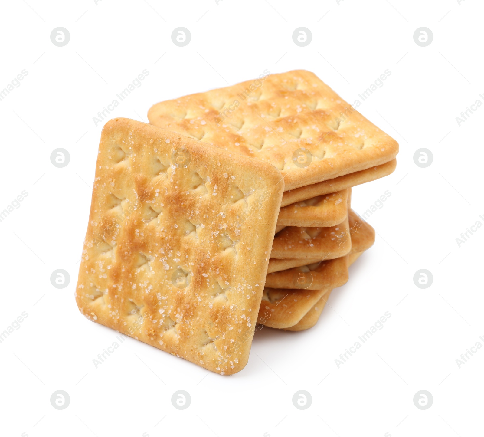 Stack of tasty salty crackers isolated on white Photo of Stack of tasty salty crackers isolated on white