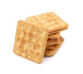 Photo of Stack of tasty salty crackers isolated on white