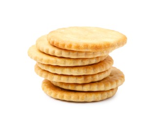 Photo of Stack of tasty salty crackers isolated on white