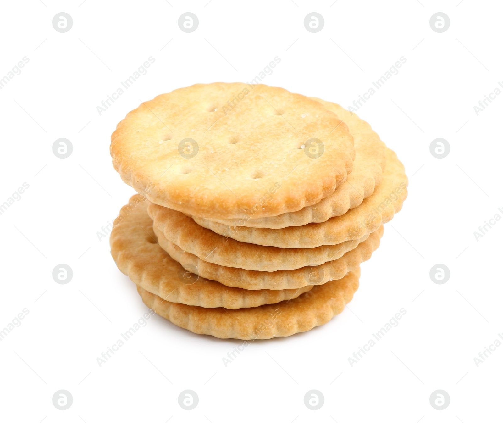 Stack of tasty salty crackers isolated on white Photo of Stack of tasty salty crackers isolated on white