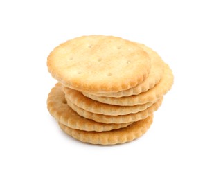Photo of Stack of tasty salty crackers isolated on white