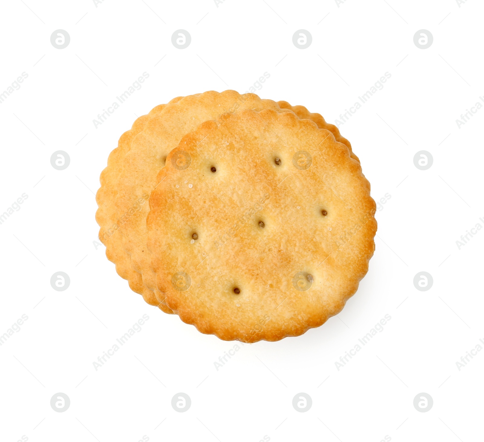 Stack of tasty salty crackers isolated on white, top view Photo of Stack of tasty salty crackers isolated on white, top view