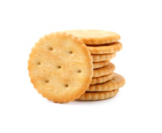 Photo of Stack of tasty salty crackers isolated on white