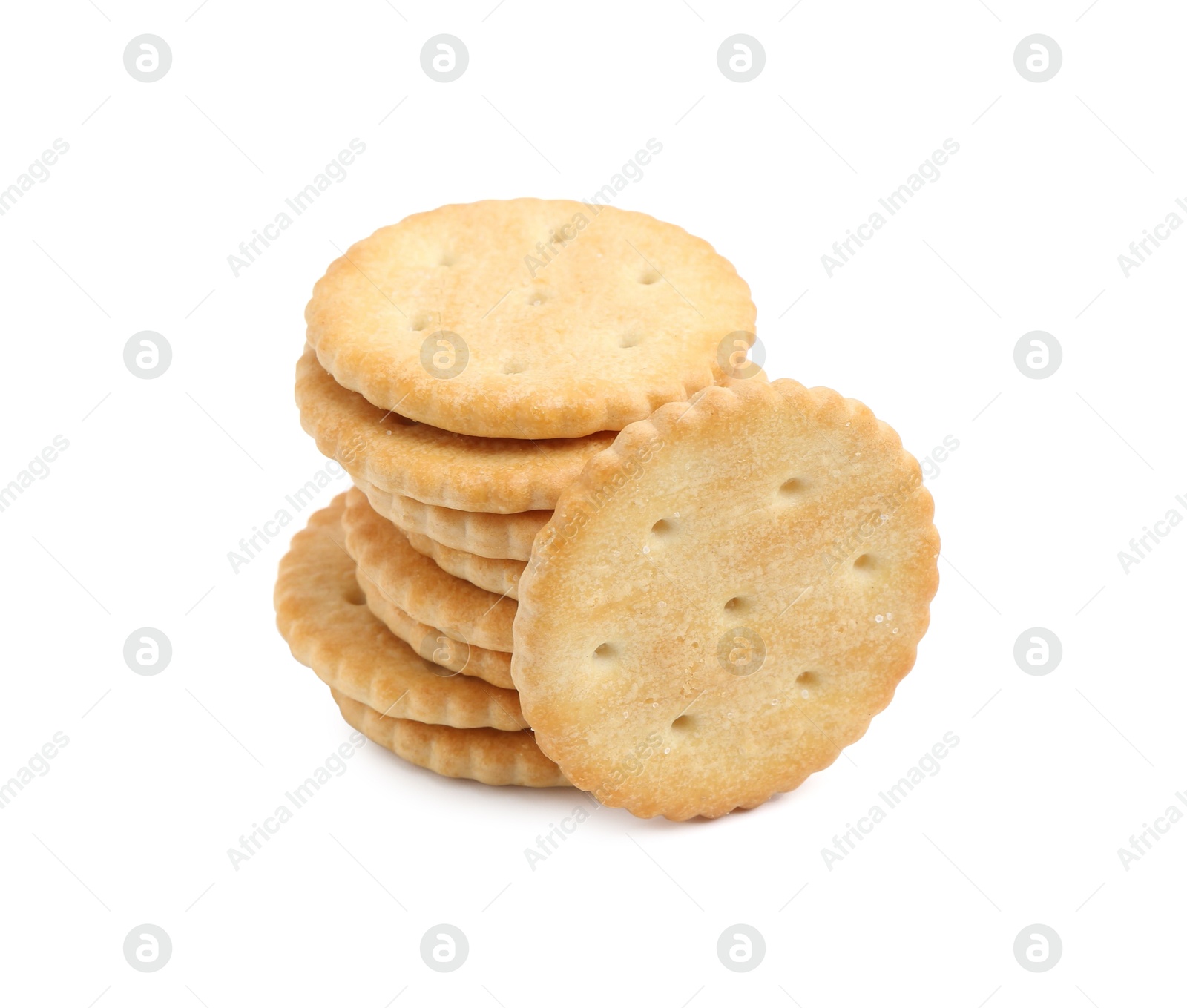 Stack of tasty salty crackers isolated on white Photo of Stack of tasty salty crackers isolated on white