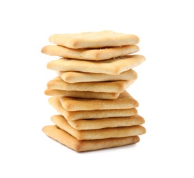 Photo of Stack of tasty salty crackers isolated on white