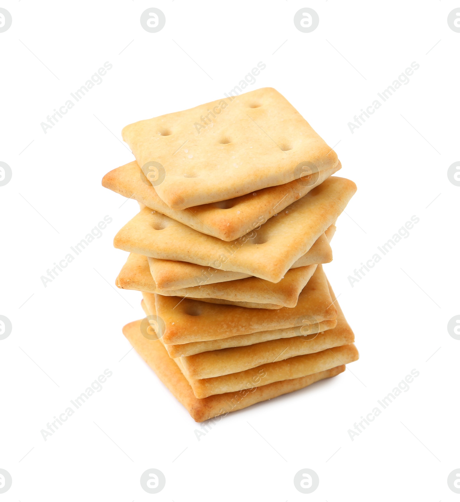 Stack of tasty salty crackers isolated on white Photo of Stack of tasty salty crackers isolated on white