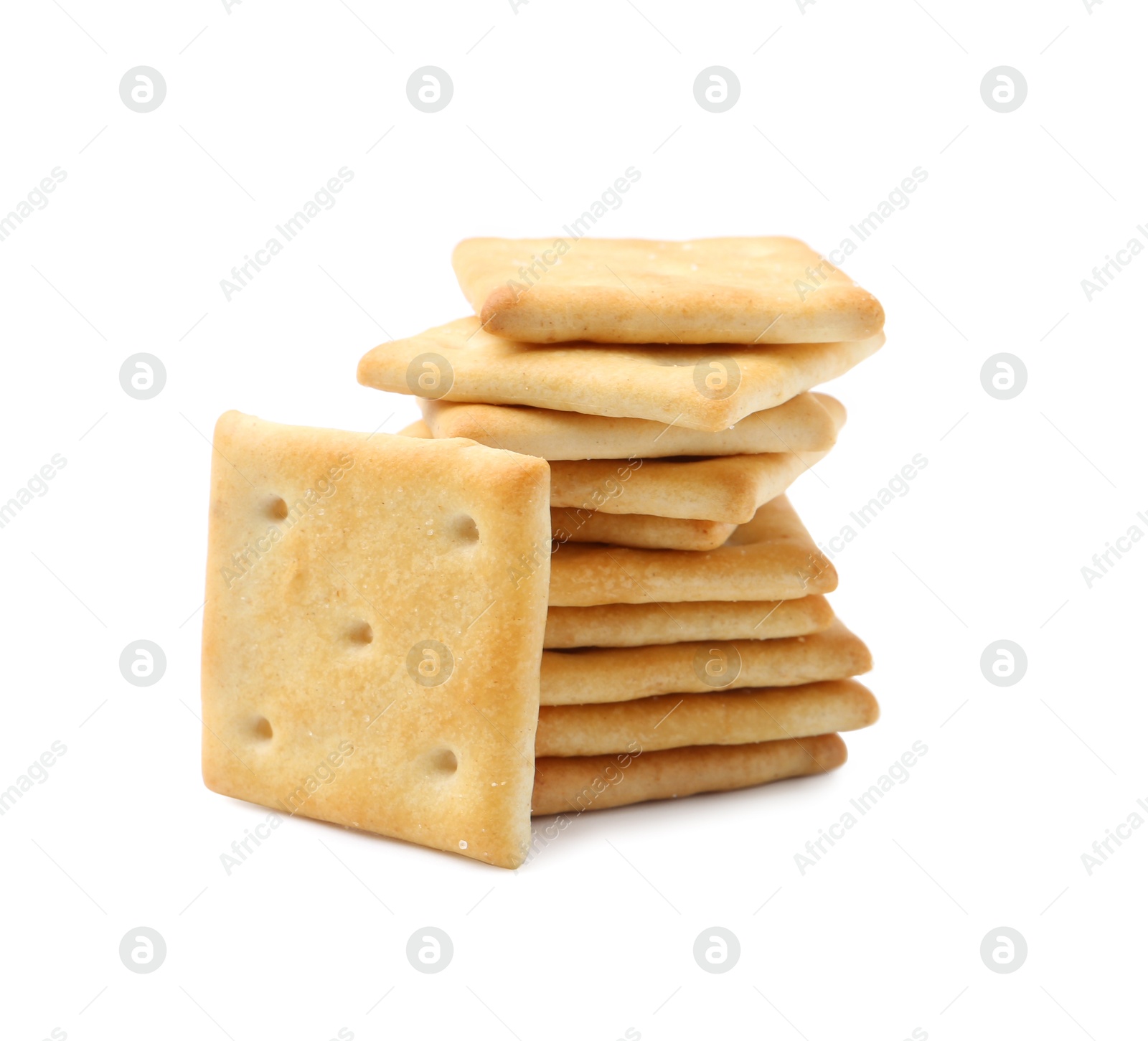 Stack of tasty salty crackers isolated on white Photo of Stack of tasty salty crackers isolated on white