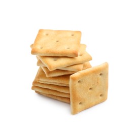 Photo of Stack of tasty salty crackers isolated on white