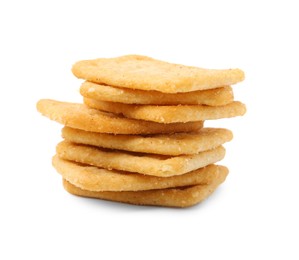 Photo of Stack of tasty salty crackers isolated on white