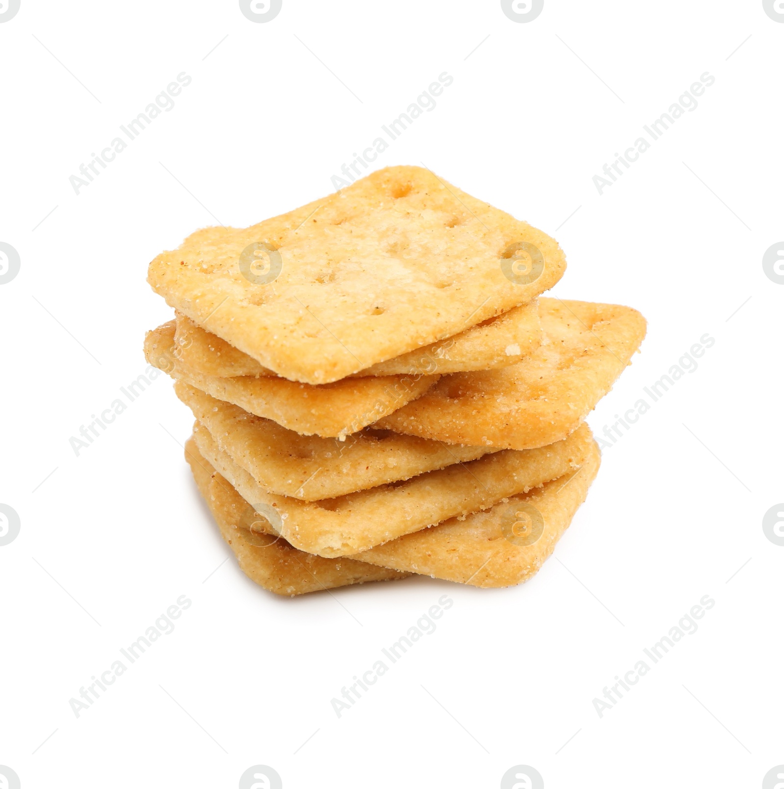 Stack of tasty salty crackers isolated on white Photo of Stack of tasty salty crackers isolated on white