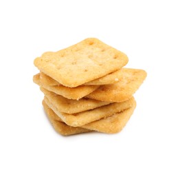 Photo of Stack of tasty salty crackers isolated on white