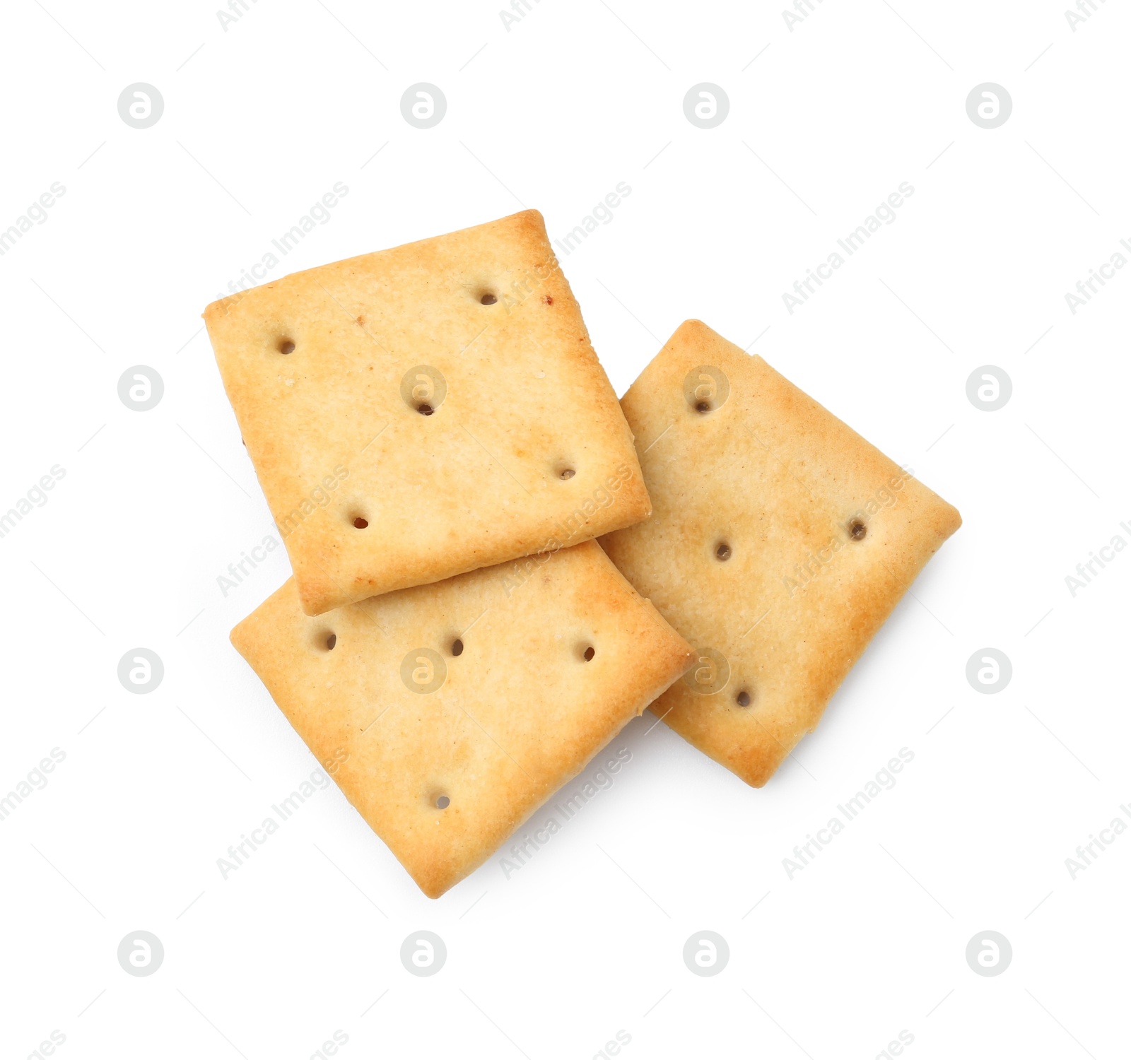 Tasty salty crackers isolated on white, top view Photo of Tasty salty crackers isolated on white, top view