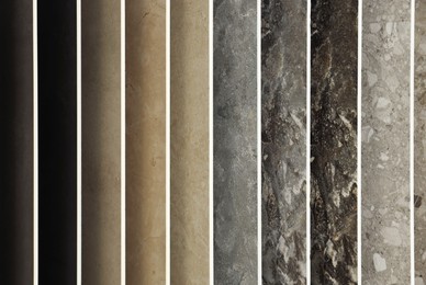 Photo of Many different samples of tiles as background, closeup