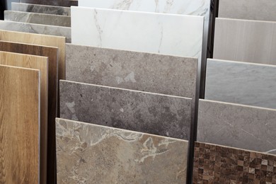 Photo of Many different samples of tiles on display in store