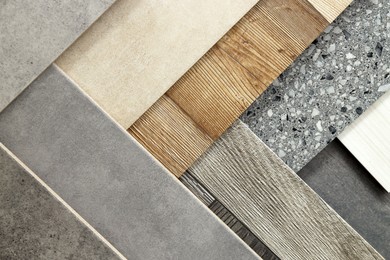 Photo of Many different samples of tiles as background, top view