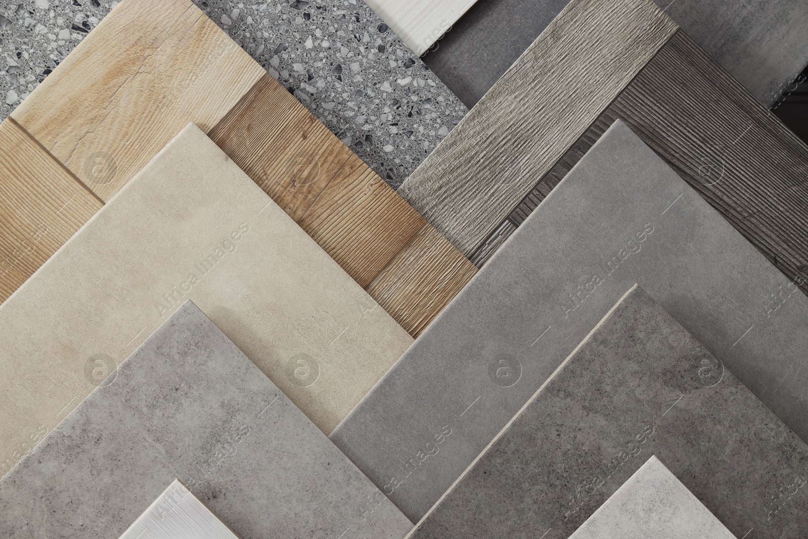 Many different samples of tiles as background, top view Photo of Many different samples of tiles as background, top view