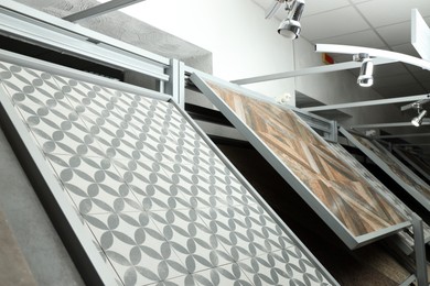 Photo of Different samples of tiles on display in store