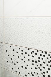 Photo of Samples of tiles with beautiful patterns as background, closeup