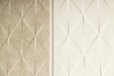 Photo of Samples of different tiles on display in store, closeup
