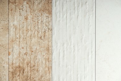 Photo of Samples of tiles with different patterns as background, closeup