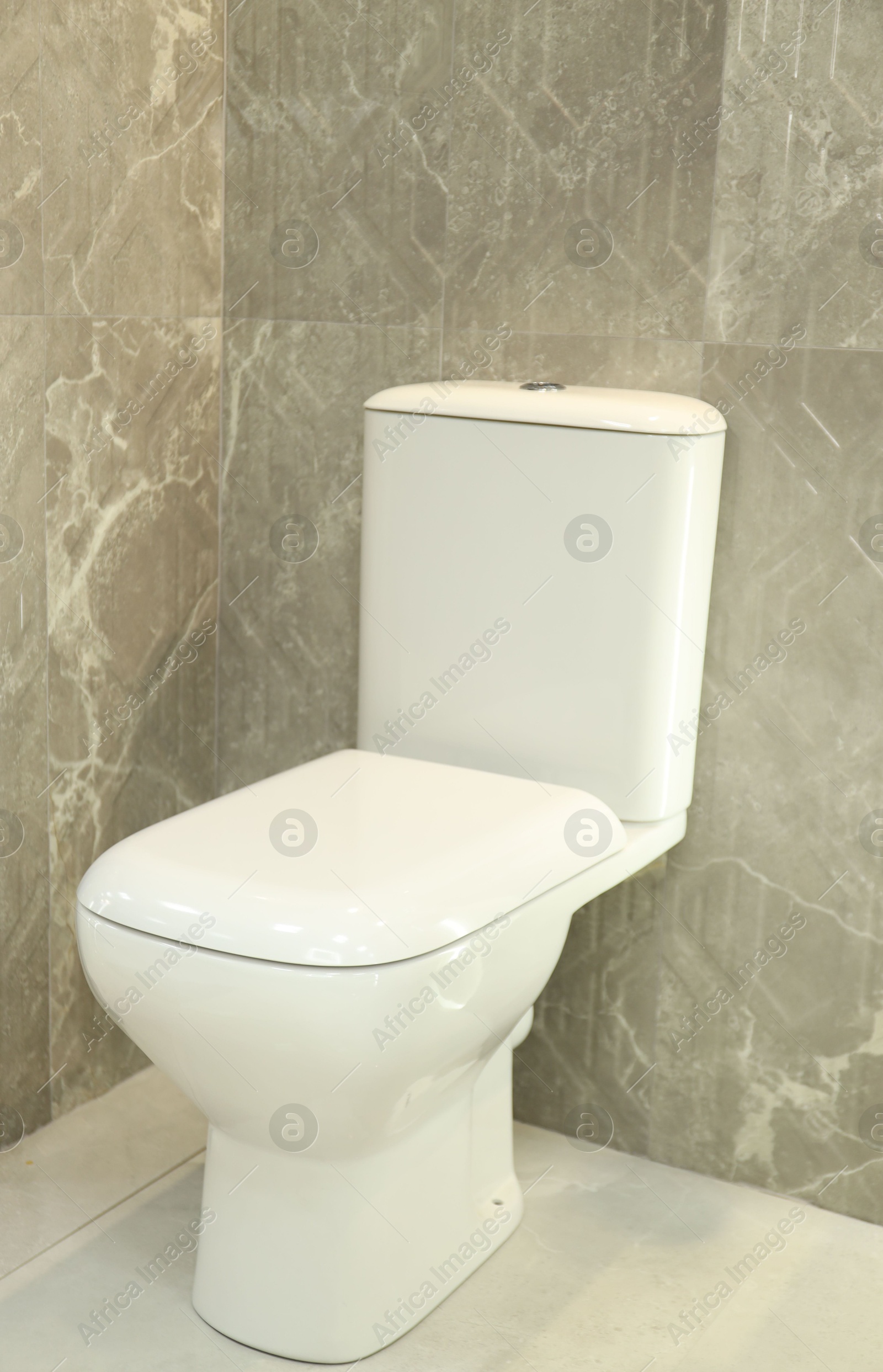 Stylish bathroom with toilet bowl near tiled wall. Interior design Photo of Stylish bathroom with toilet bowl near tiled wall. Interior design