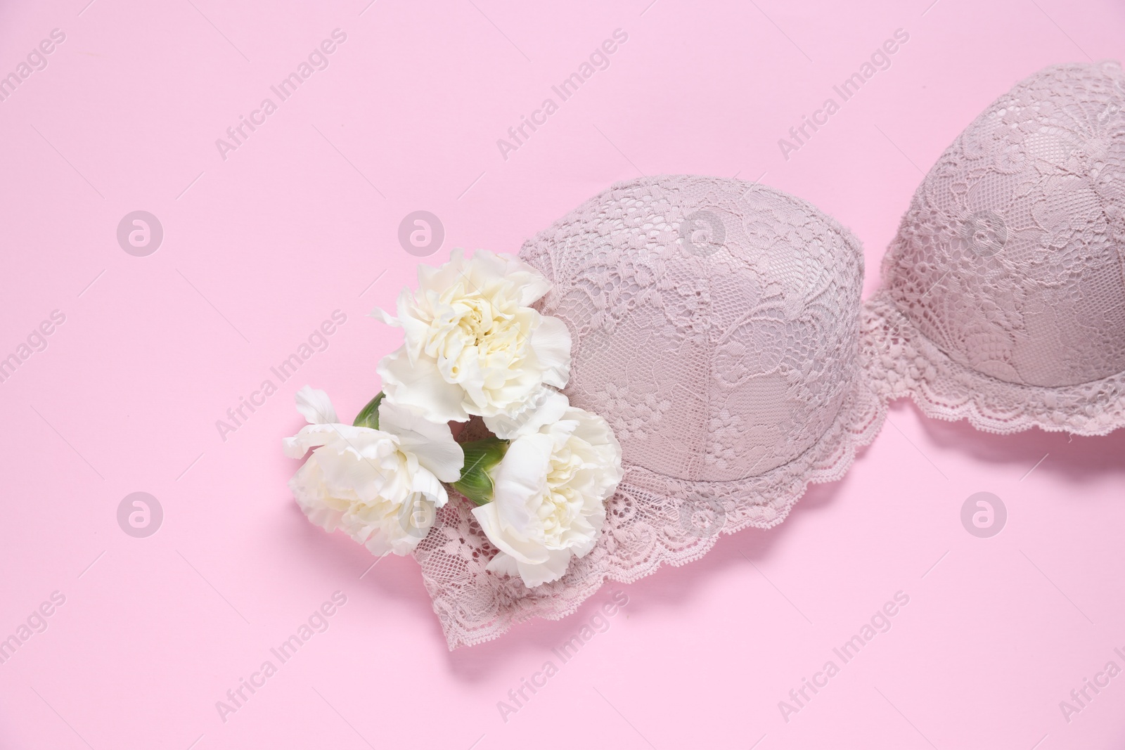 Lace bra and eustoma flowers on pink background, top view Photo of Lace bra and eustoma flowers on pink background, top view
